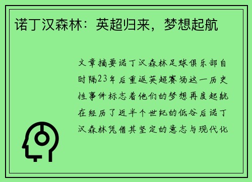 诺丁汉森林：英超归来，梦想起航